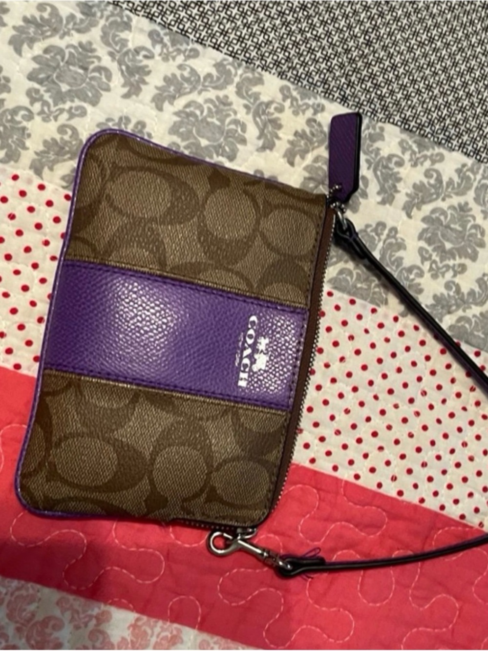 Coach Brown Canvas Wristlet with Purple Leather Stripe